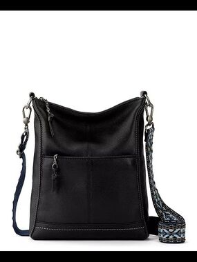 The Sak " LUCIA" Black Leather Crossbody with Woven Blue Accent Strap